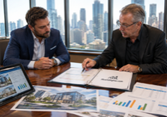 A real estate investor and an experienced business mentor sit across from each other at a polished conference table, focused on a detailed operating plan.
