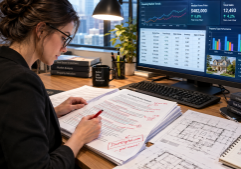 A focused professional editor in a modern workspace, reviewing detailed real estate documents and architectural plans.