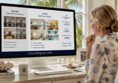 A woman in elegant coastal attire sits in a bright, sun-drenched Palm Beach home office, looking at a large desktop monitor. The screen displays a professional dashboard showing a side-by-side "before and after" comparison of a vacation rental listing. The updated version features a reordered gallery of vibrant, well-lit interior photos, polished marketing descriptions, and annotated notes highlighting improved booking rates and performance metrics. At the bottom of her computer display is the URL JScottDigital.com Through the window behind the desk, tropical greenery and palm fronds are visible in the soft-focus background, complementing the clean and modern workspace.