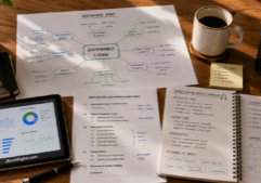 Editorial desk with keyword map, page outline, and search results planning notes
